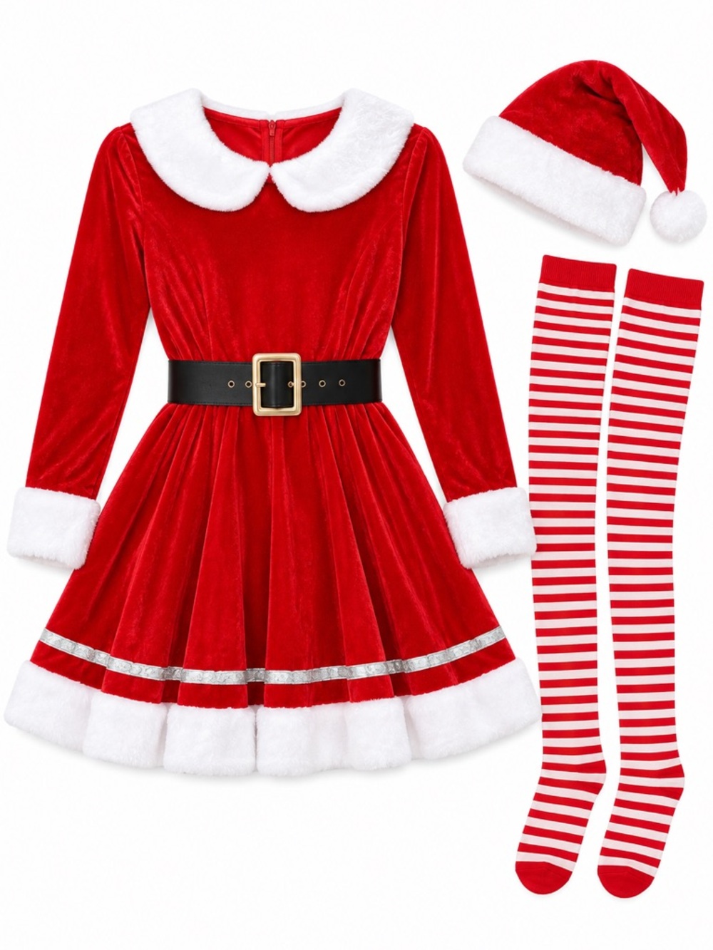 New - Classic Red Santa Girl Costume Dress with Hat & Striped Stockings